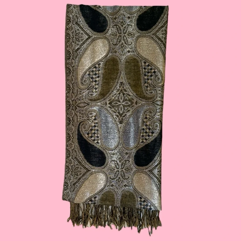 PAISLEY BLACK GOLD METALLIC SILVER SCARF EVENING‎ WRAP